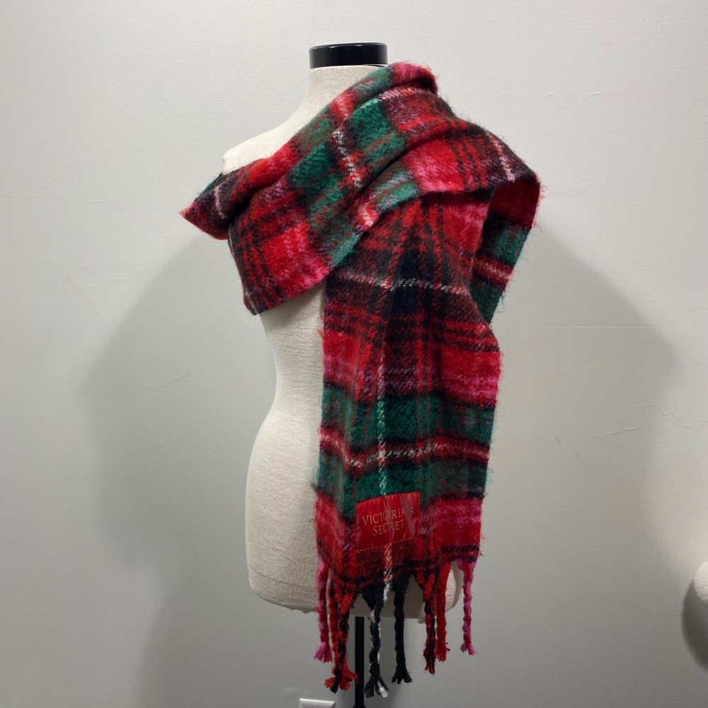 Victoria's Secret‎ Plaid Oversized Tartan Scarf Red Green Pink Fringe Cozy Warm
